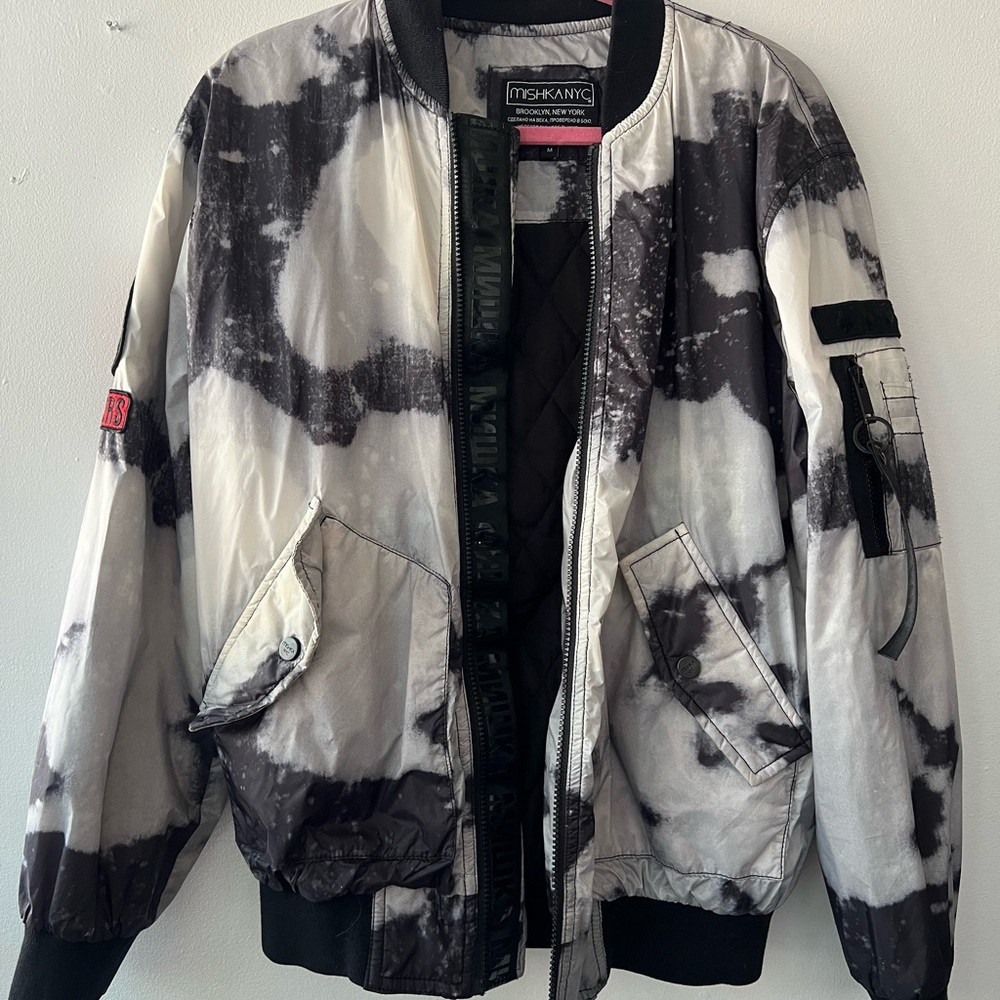 MISHKA NYC black n white bomber zip up jacket, size M, Bear decal